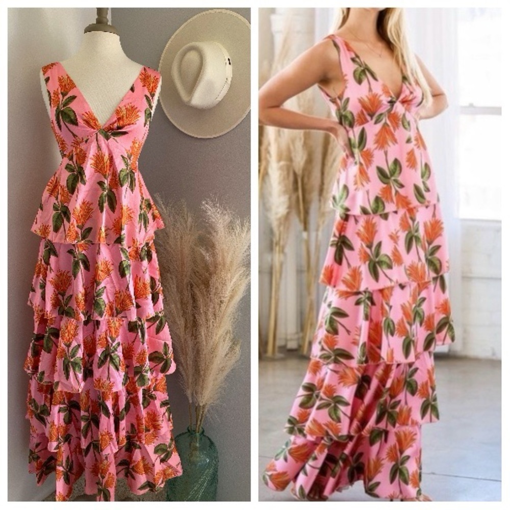 ❤️ Lulus Party in Palm Springs Pink Floral Print Satin Tiered Maxi Dress